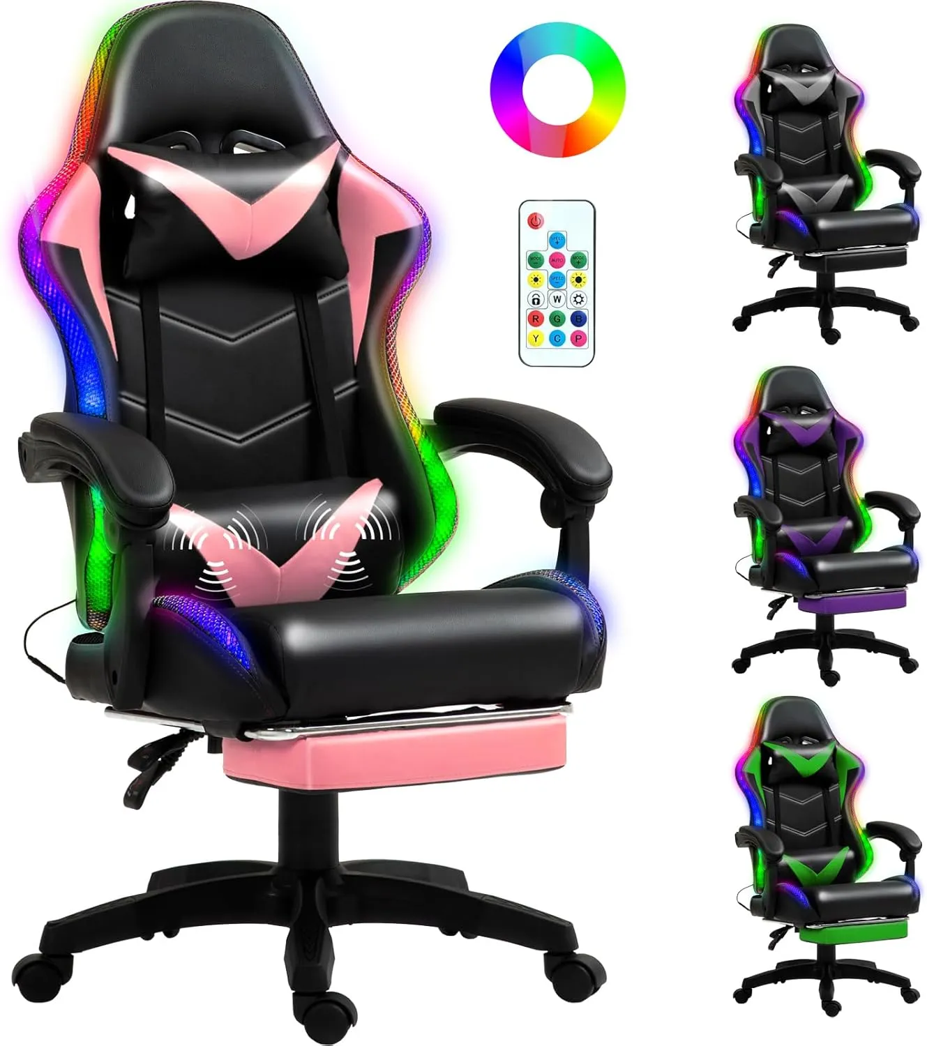 Gaming Chair, Racing Style RGB LED Lights Gaming Chairs for Adults and Kids, Lumbar Massager Gamer Chair, High Back Reclining Computer Chair with Footrest and Headrest (Black/Pink)
