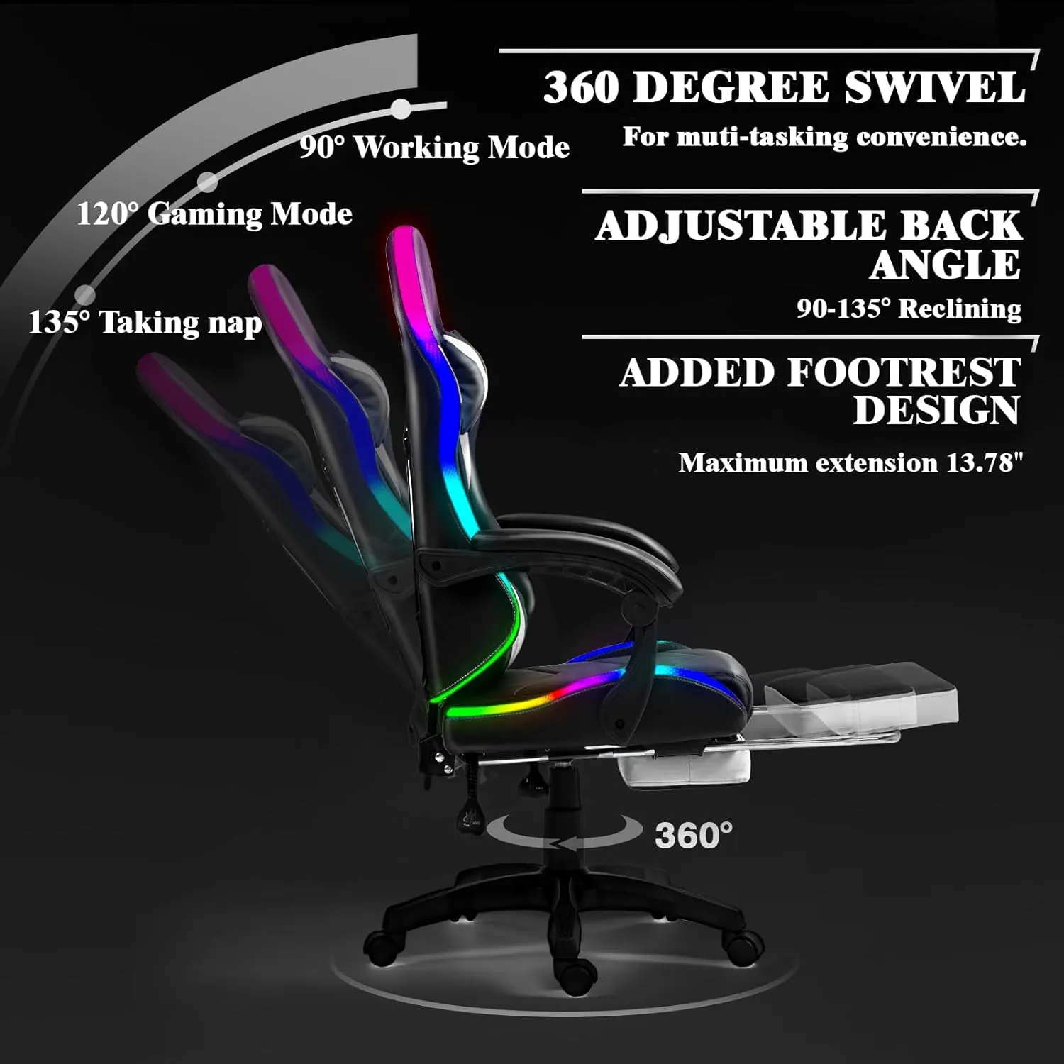 Gaming Chair, Racing Style RGB LED Lights Gaming Chairs for Adults and Kids, Lumbar Massager Gamer Chair, High Back Reclining Computer Chair with Footrest and Headrest (Black/White)