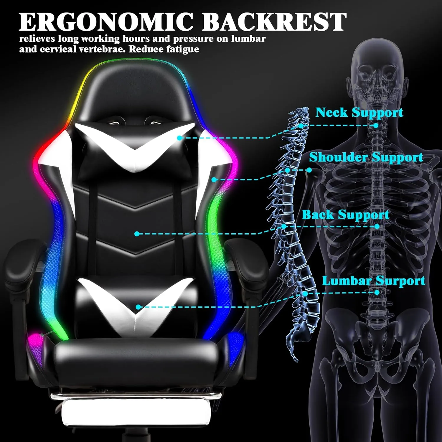 Gaming Chair, Racing Style RGB LED Lights Gaming Chairs for Adults and Kids, Lumbar Massager Gamer Chair, High Back Reclining Computer Chair with Footrest and Headrest (Black/White)