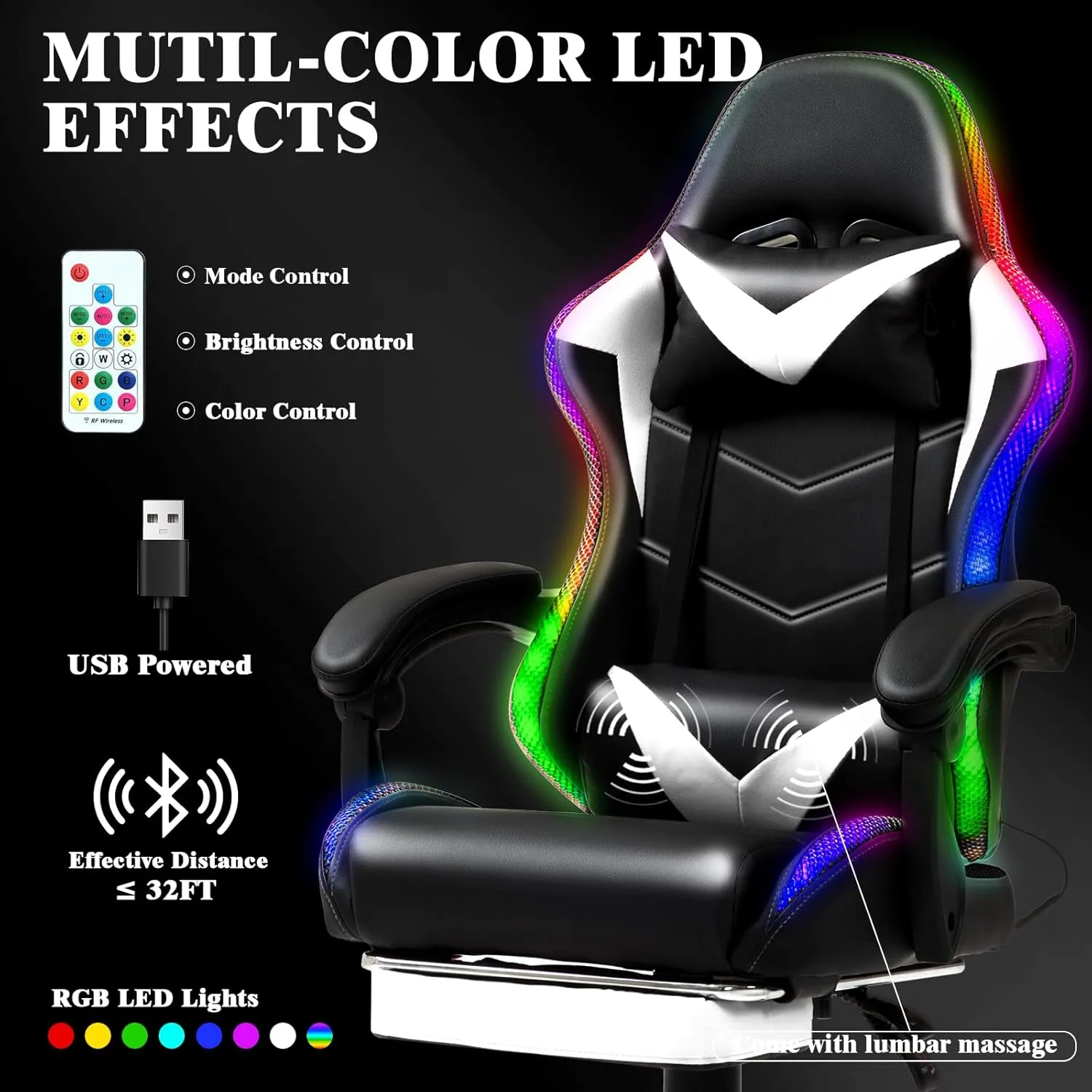 Gaming Chair, Racing Style RGB LED Lights Gaming Chairs for Adults and Kids, Lumbar Massager Gamer Chair, High Back Reclining Computer Chair with Footrest and Headrest (Black/White)