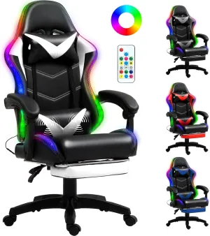 Gaming Chair, Racing Style RGB LED Lights Gaming Chairs for Adults and Kids, Lumbar Massager Gamer Chair, High Back Reclining Computer Chair with Footrest and Headrest (Black/White)