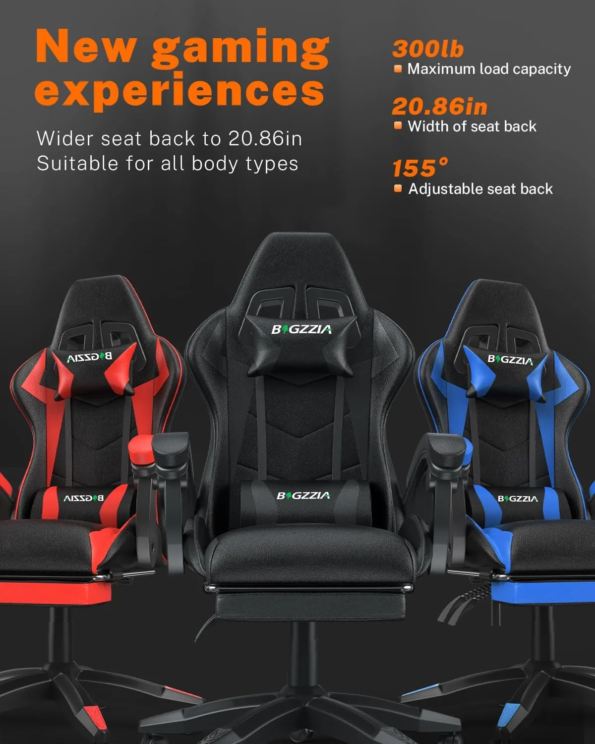 Gaming Chair with Footrest, High Back Ergonomic Computer Gamer Chair with Headrest and Lumbar Support, Racing Style Reclining Game Chair for Adults, Kids (Dark Black)