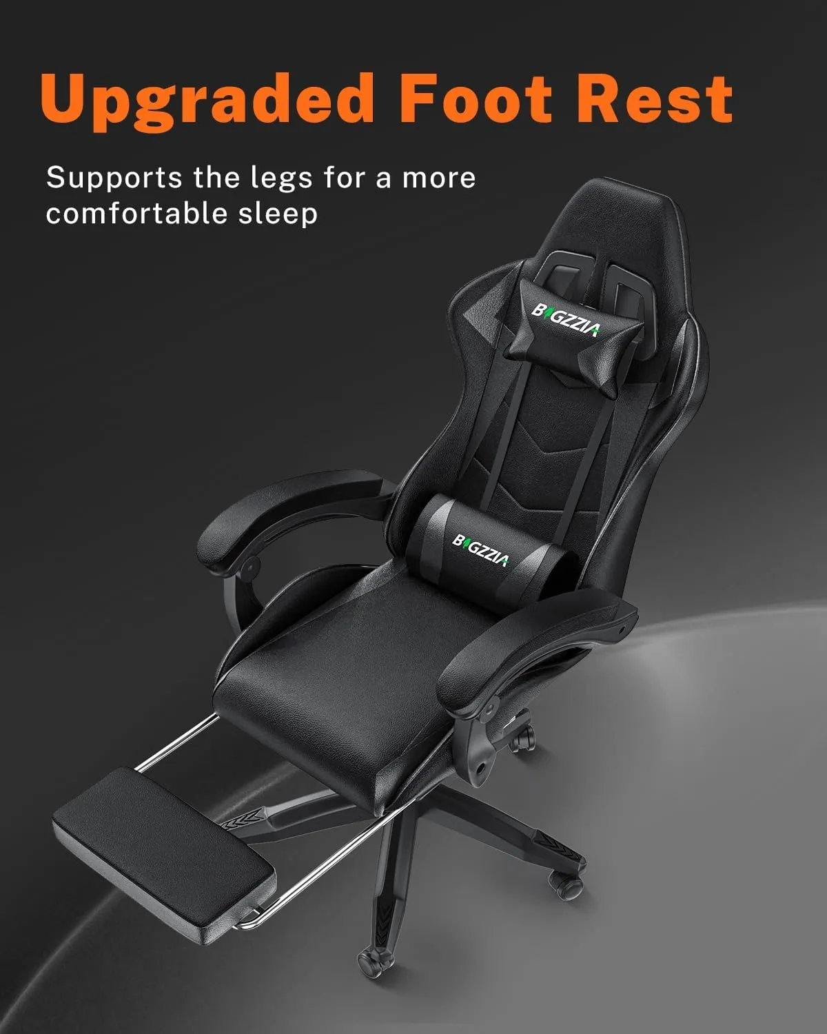 Gaming Chair with Footrest, High Back Ergonomic Computer Gamer Chair with Headrest and Lumbar Support, Racing Style Reclining Game Chair for Adults, Kids (Dark Black)
