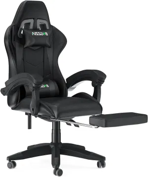 Gaming Chair with Footrest, High Back Ergonomic Computer Gamer Chair with Headrest and Lumbar Support, Racing Style Reclining Game Chair for Adults, Kids (Dark Black)