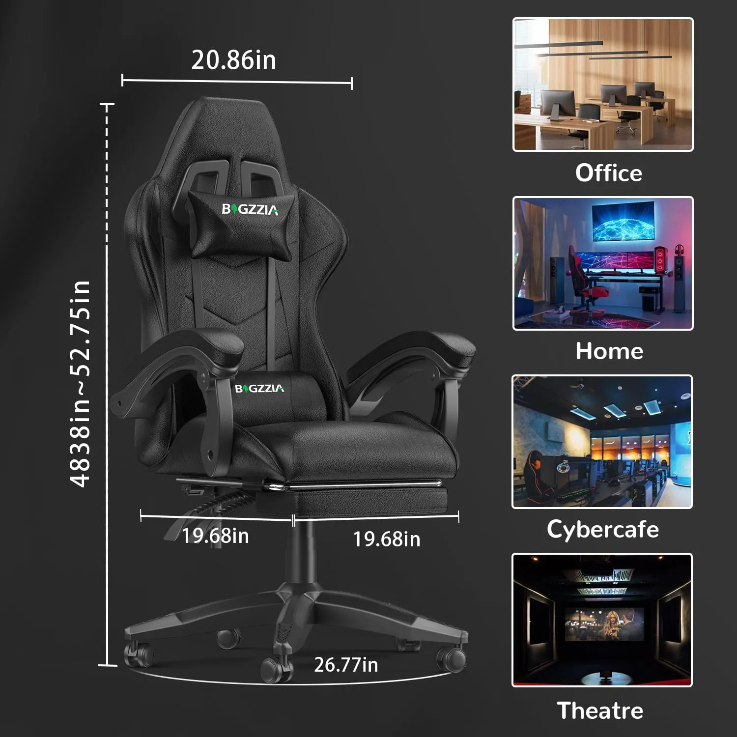 Gaming Chair with Footrest, High Back Ergonomic Computer Gamer Chair with Headrest and Lumbar Support, Racing Style Reclining Game Chair for Adults, Kids (Dark Black)