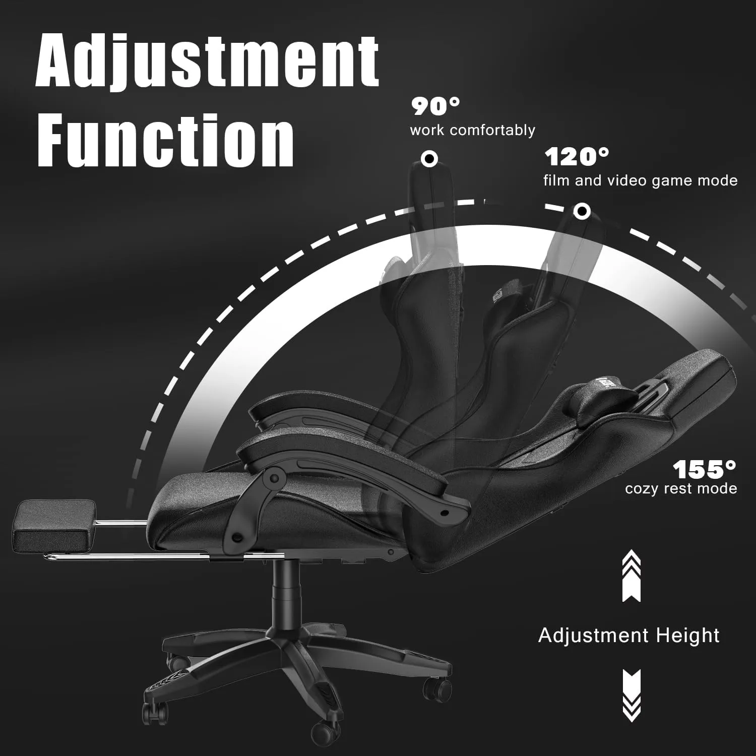 Gaming Chair with Footrest, High Back Ergonomic Computer Gamer Chair with Headrest and Lumbar Support, Racing Style Reclining Game Chair for Adults, Kids (Dark Black)