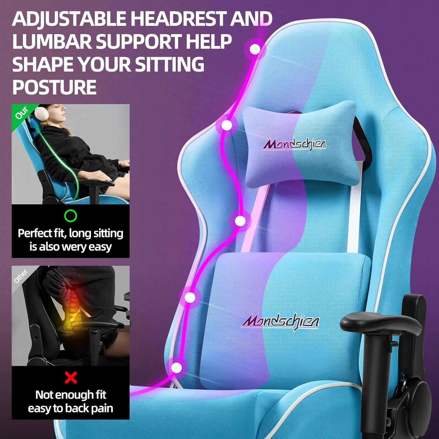 Gaming Chair with Pocket Spring Cushion, Fabric Office Massage Computer Chair with Footrest, High Back PC Game Chair Ergonomic Reclining Adjustable Armrest (Light Blue)