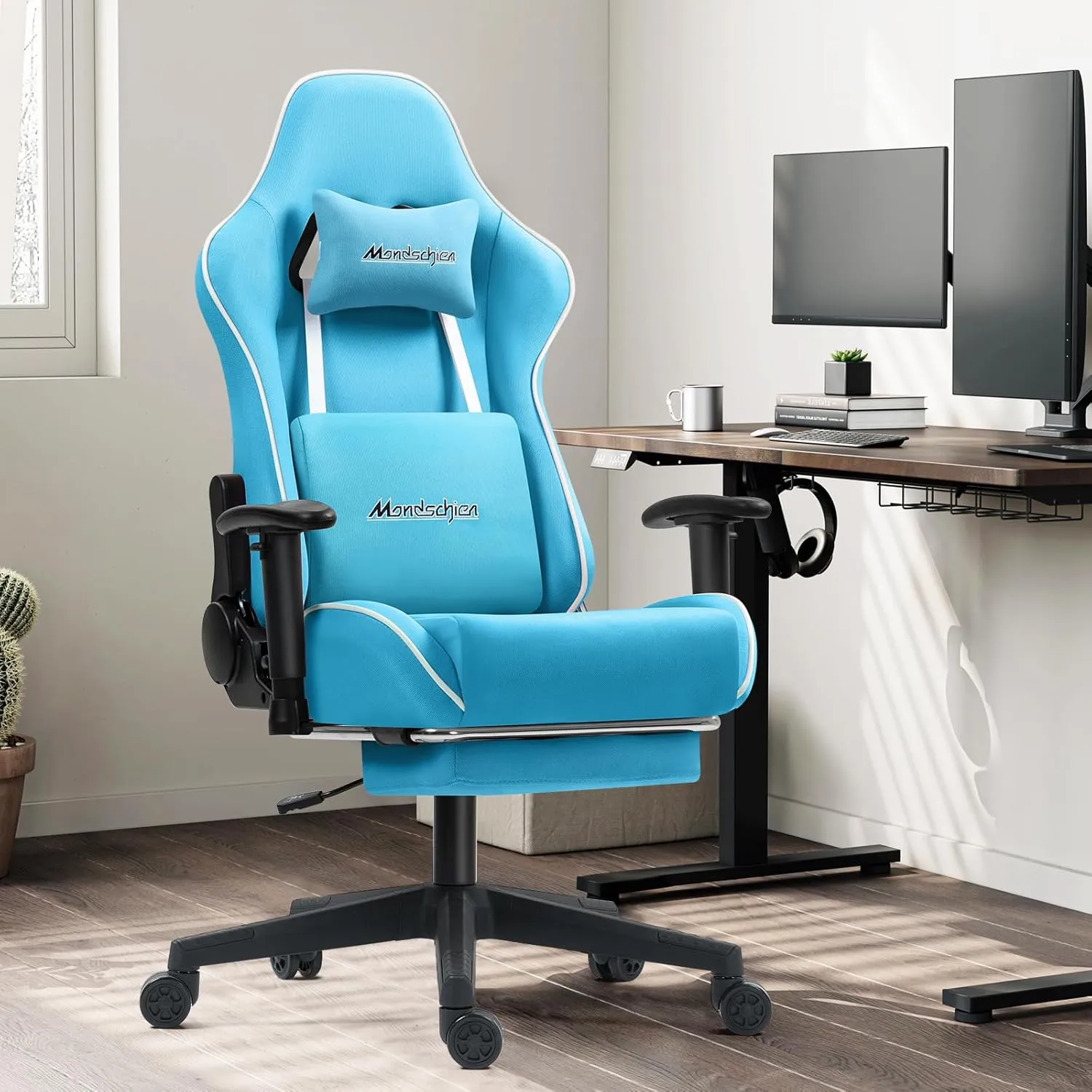 Gaming Chair with Pocket Spring Cushion, Fabric Office Massage Computer Chair with Footrest, High Back PC Game Chair Ergonomic Reclining Adjustable Armrest (Light Blue)