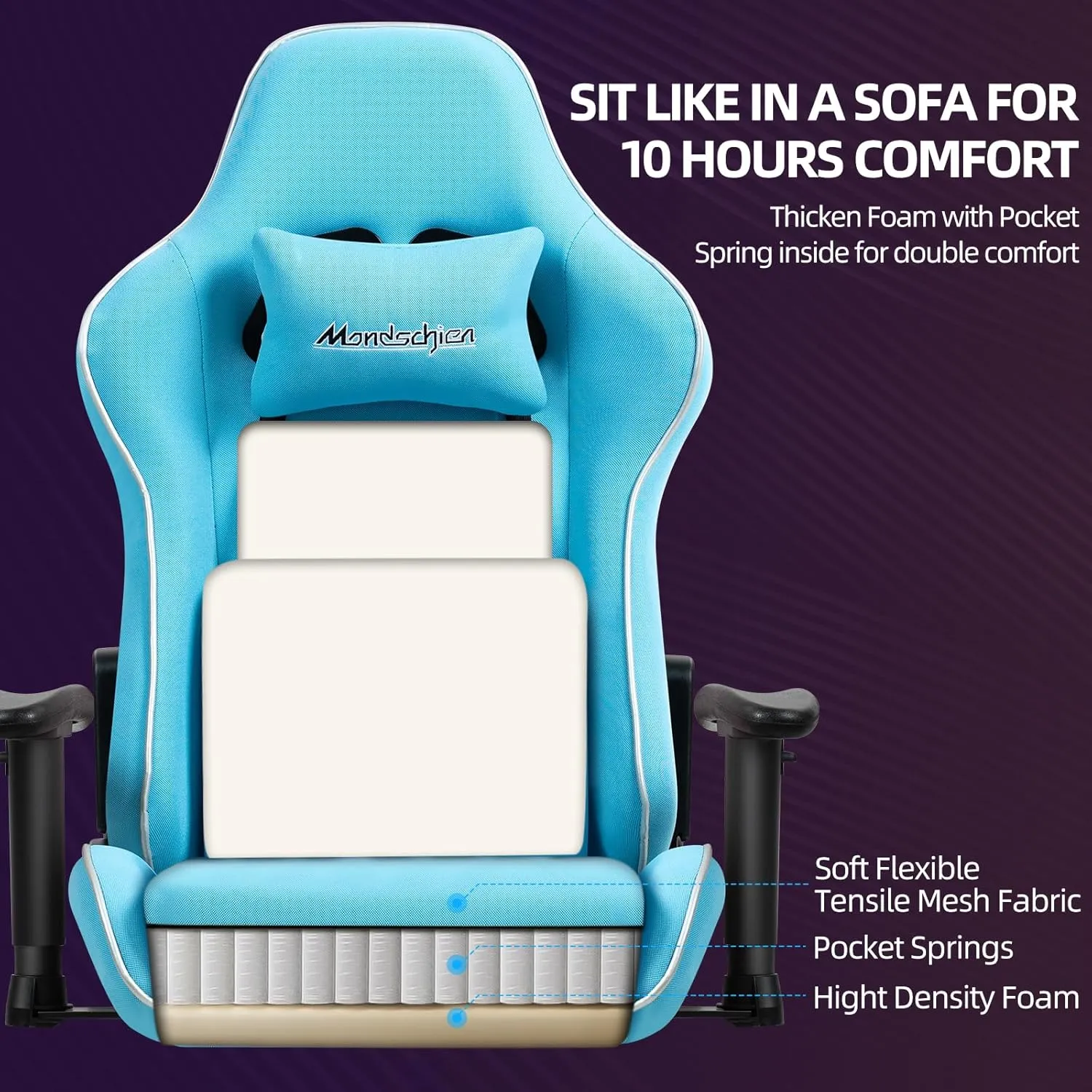 Gaming Chair with Pocket Spring Cushion, Fabric Office Massage Computer Chair with Footrest, High Back PC Game Chair Ergonomic Reclining Adjustable Armrest (Light Blue)