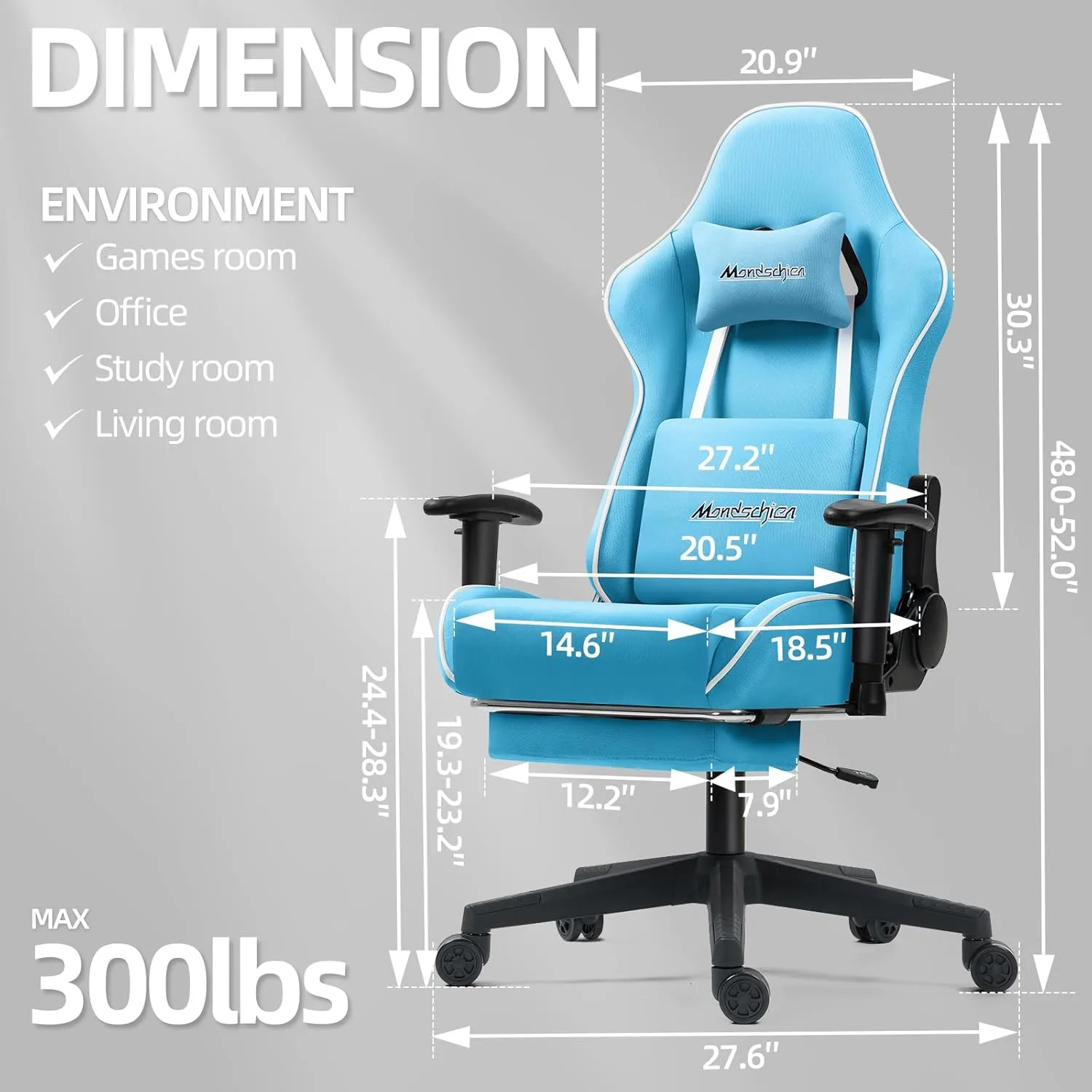 Gaming Chair with Pocket Spring Cushion, Fabric Office Massage Computer Chair with Footrest, High Back PC Game Chair Ergonomic Reclining Adjustable Armrest (Light Blue)