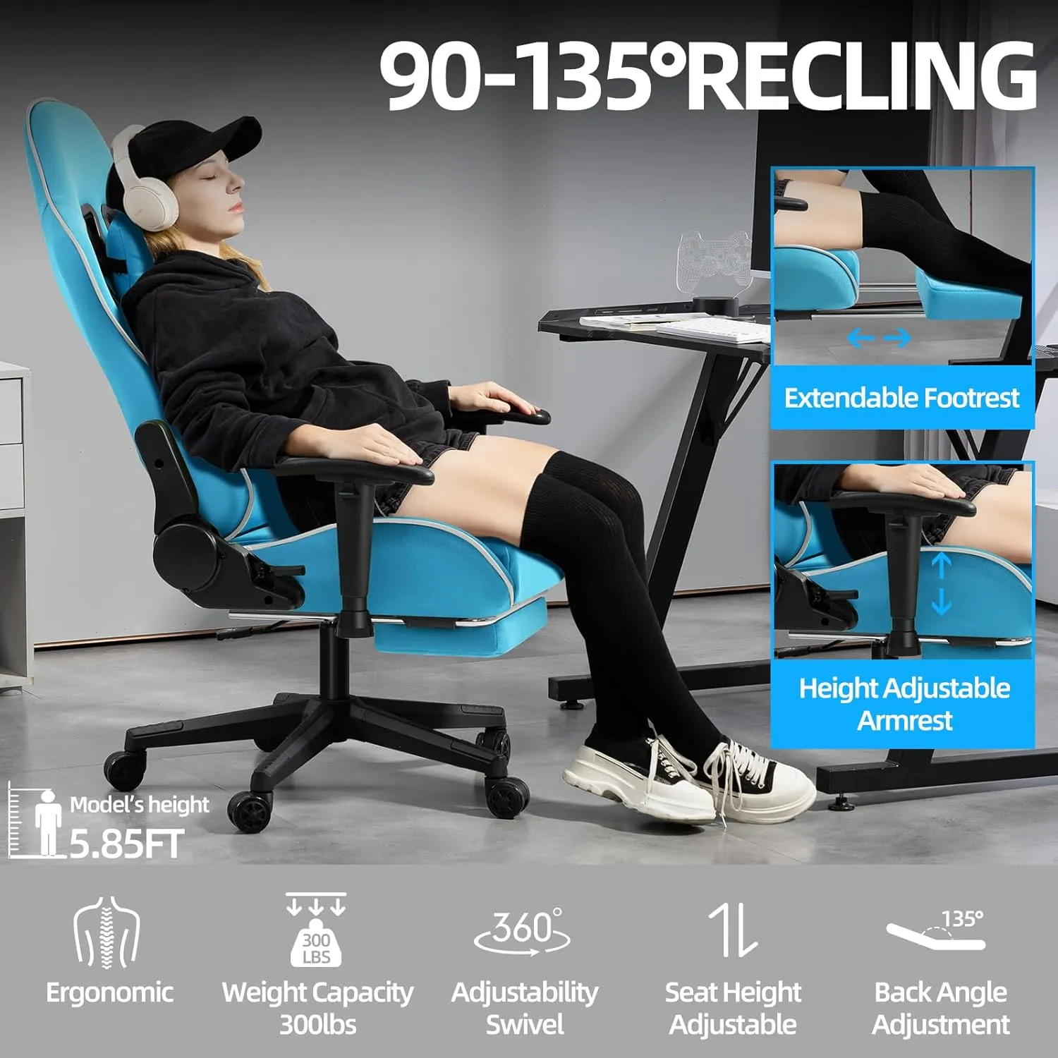Gaming Chair with Pocket Spring Cushion, Fabric Office Massage Computer Chair with Footrest, High Back PC Game Chair Ergonomic Reclining Adjustable Armrest (Light Blue)