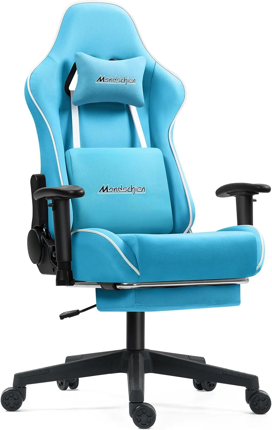 Gaming Chair with Pocket Spring Cushion, Fabric Office Massage Computer Chair with Footrest, High Back PC Game Chair Ergonomic Reclining Adjustable Armrest (Light Blue)