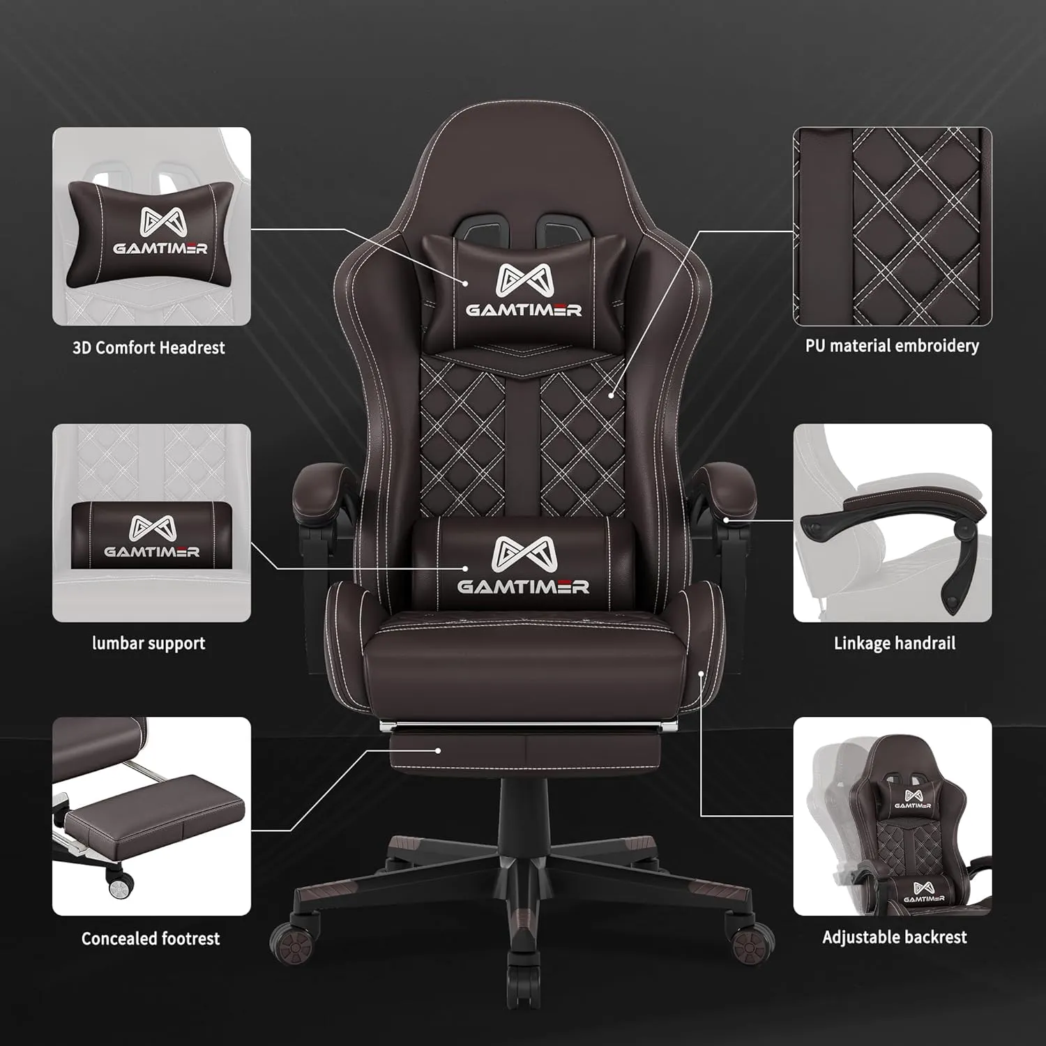 Gaming Chair,Computer Chair with Footrest and Lumbar Support,Breathable PU Leather,4D Lumbar Support and Headrest,360 Degree Swivel Chair with Adjustable Ergonomic Backrest for Adults(Brown)