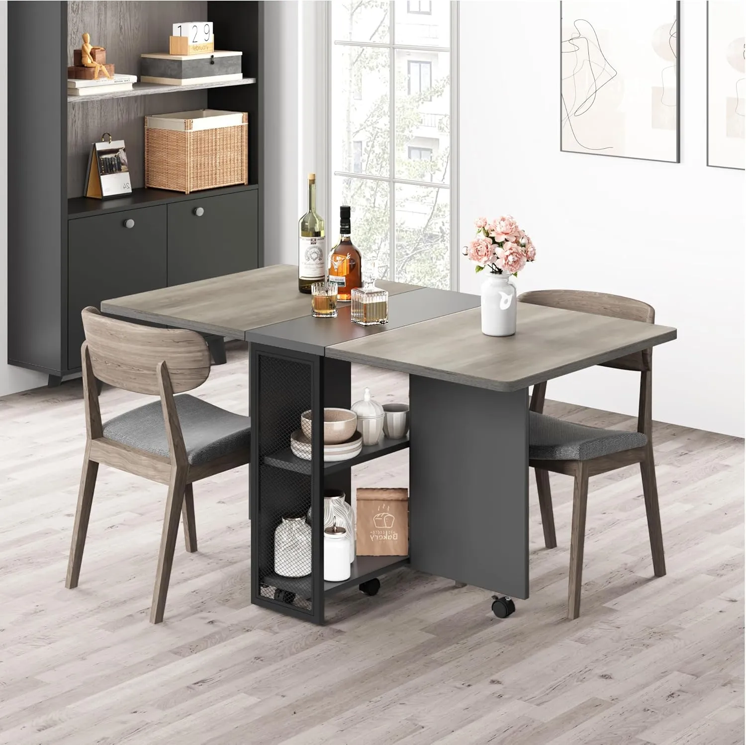 GAOMON Folding Dining Table, Drop Leaf Dining Table for 4, Foldable Kitchen Table with 2 Storage Shelf, Space Saving Dining Tables for Small Spaces, Movable Kitchen Table with 6 Wheels