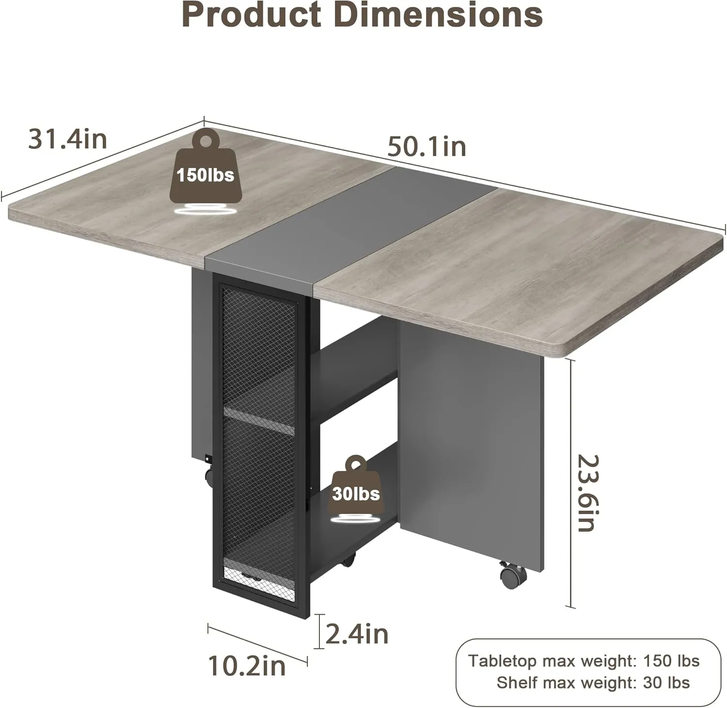 GAOMON Folding Dining Table, Drop Leaf Dining Table for 4, Foldable Kitchen Table with 2 Storage Shelf, Space Saving Dining Tables for Small Spaces, Movable Kitchen Table with 6 Wheels