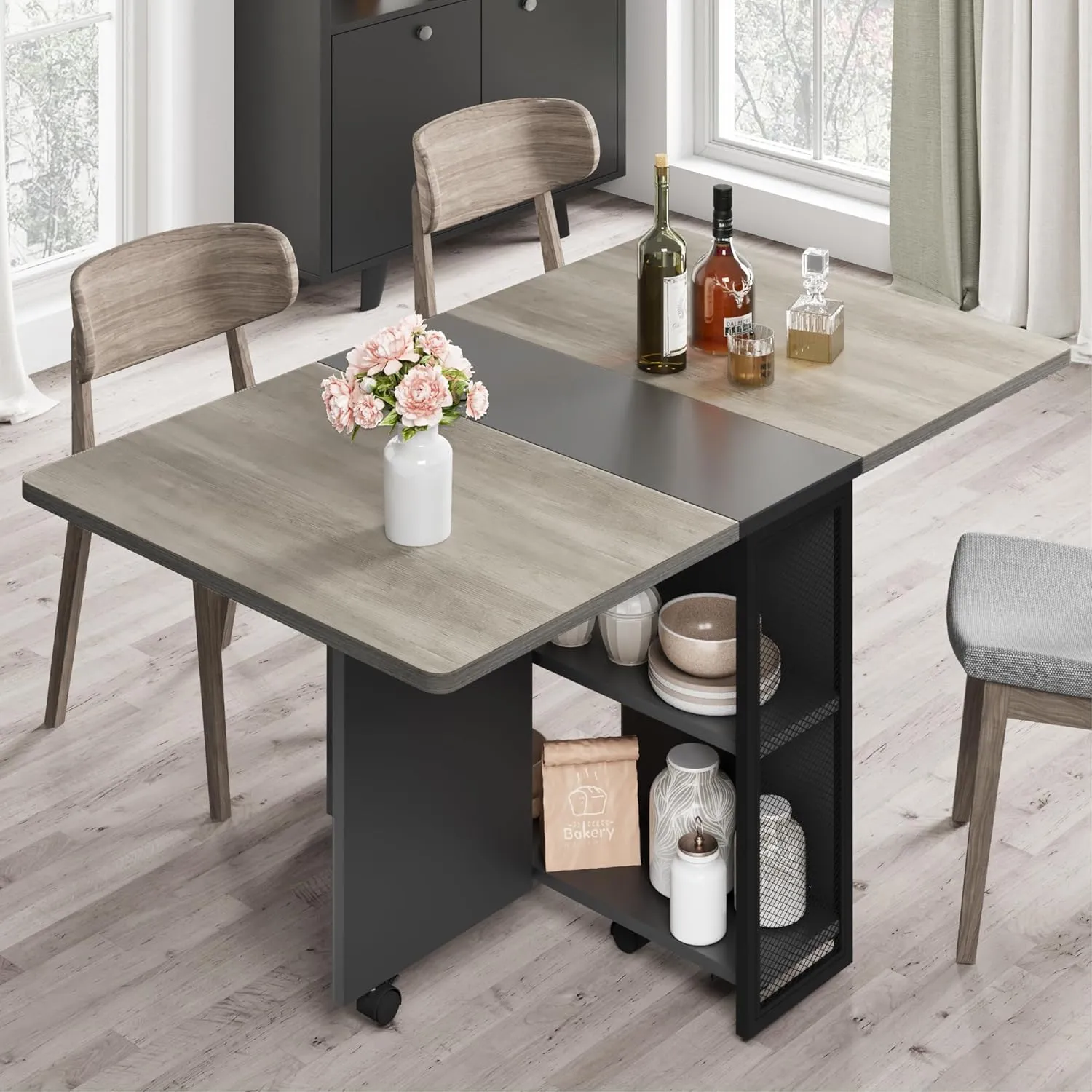 GAOMON Folding Dining Table, Drop Leaf Dining Table for 4, Foldable Kitchen Table with 2 Storage Shelf, Space Saving Dining Tables for Small Spaces, Movable Kitchen Table with 6 Wheels