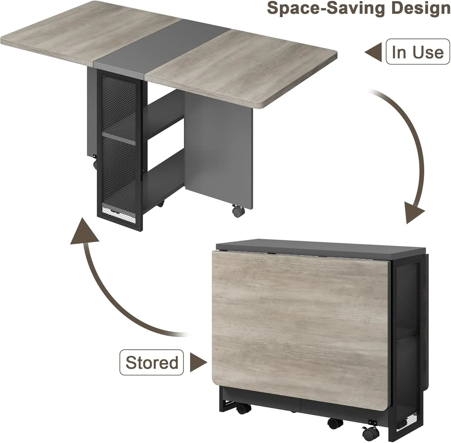 GAOMON Folding Dining Table, Drop Leaf Dining Table for 4, Foldable Kitchen Table with 2 Storage Shelf, Space Saving Dining Tables for Small Spaces, Movable Kitchen Table with 6 Wheels
