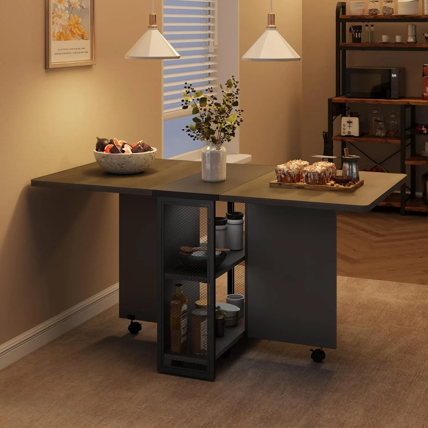 GAOMON Folding Dining Table, Drop Leaf Dining Table for 4, Foldable Kitchen Table with 2 Storage Shelf, Space Saving Dining Tables for Small Spaces, Movable Kitchen Table with 6 Wheels