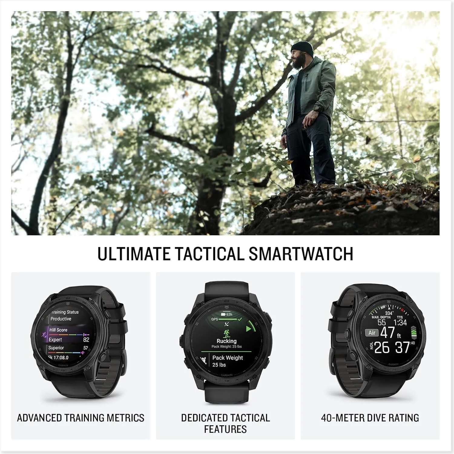 Garmin tactix 8 AMOLED (51mm) Premium Tactical GPS Smartwatch Bundle - Includes Applied Ballistics Ultralight Solver, Built-in LED Flashlight with PlayBetter Portable Charger & HD Screen Protectors