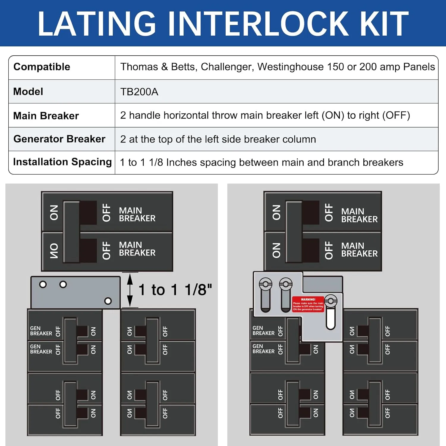 Generator Interlock for Thomas & Betts, Challenger, Westinghouse 150 or 200 Amp Panels with 1 to 1 1/8 Inches Spacing, Silver