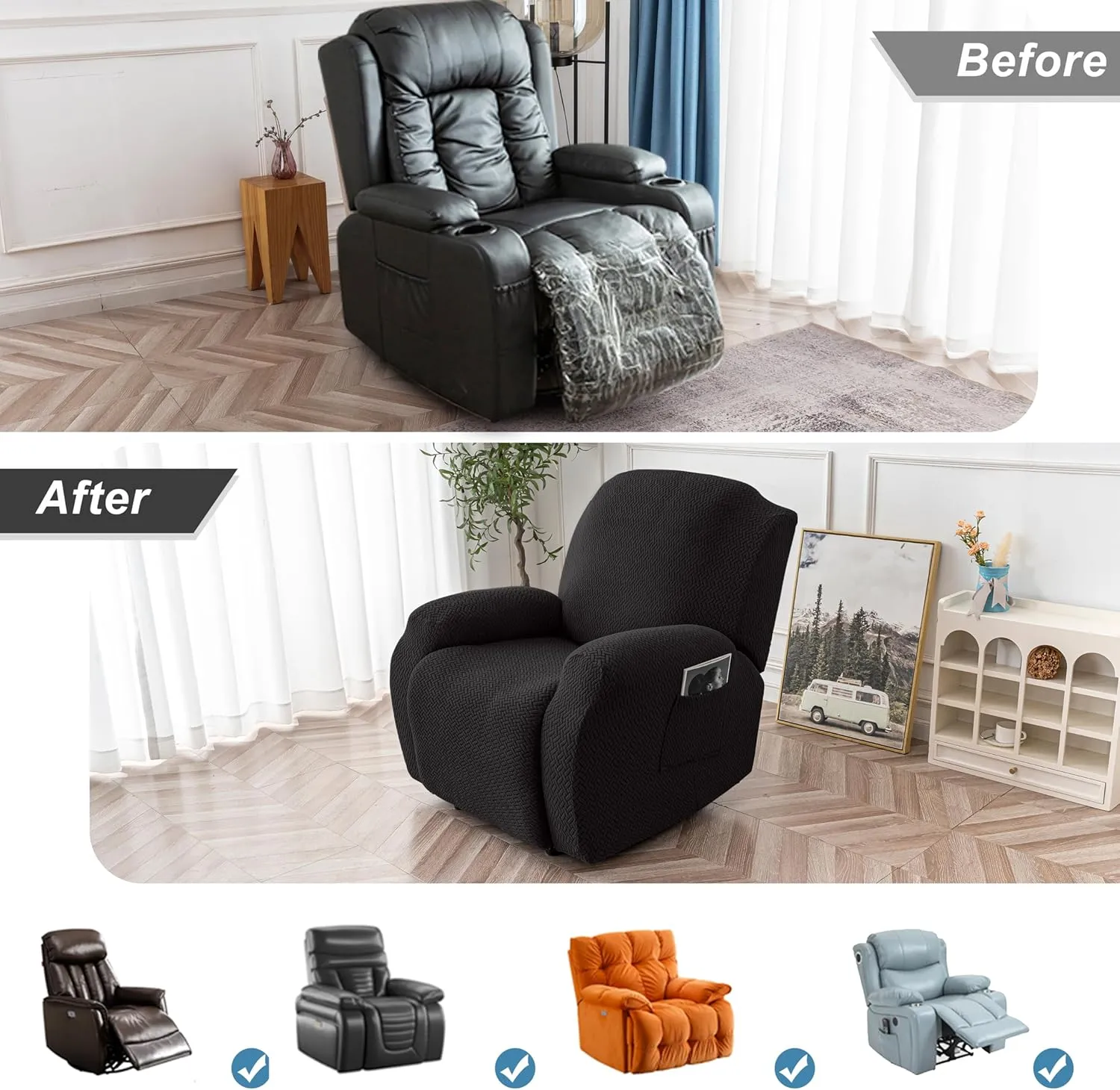 Genina Recliner Chair Cover, Stretch Reclining Chair Covers, Recliner Sofa Slipcovers Stripe Jacquard Lazy Couch Covers Furniture Protector Covers for Pet Kid (Black, 1 Seat)