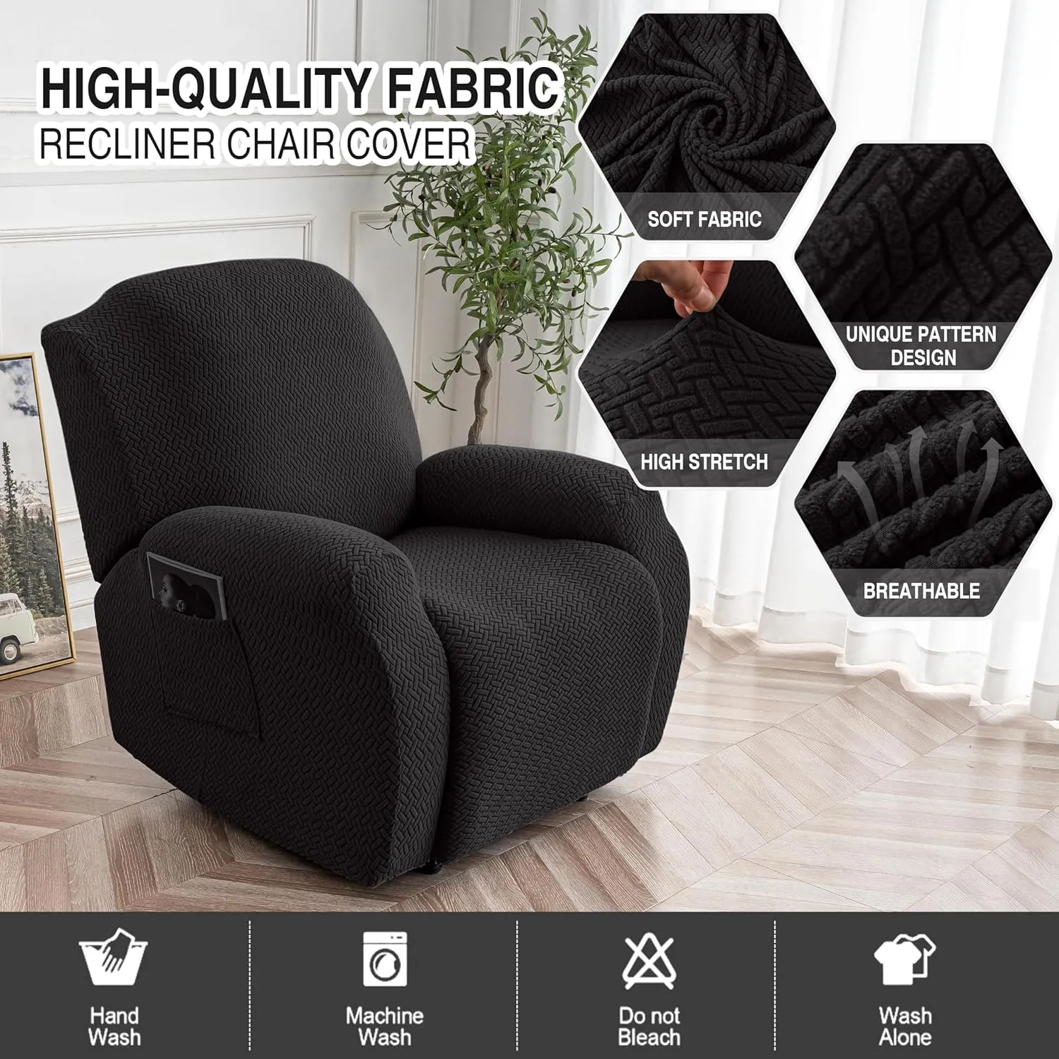 Genina Recliner Chair Cover, Stretch Reclining Chair Covers, Recliner Sofa Slipcovers Stripe Jacquard Lazy Couch Covers Furniture Protector Covers for Pet Kid (Black, 1 Seat)