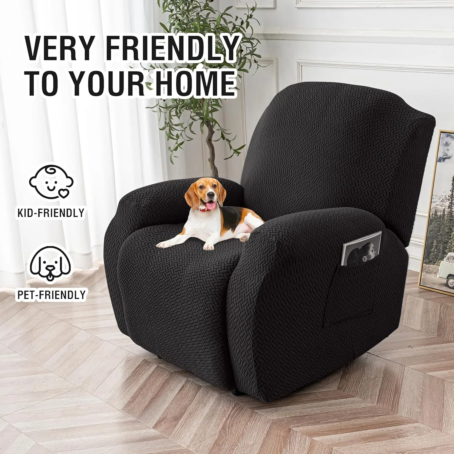 Genina Recliner Chair Cover, Stretch Reclining Chair Covers, Recliner Sofa Slipcovers Stripe Jacquard Lazy Couch Covers Furniture Protector Covers for Pet Kid (Black, 1 Seat)