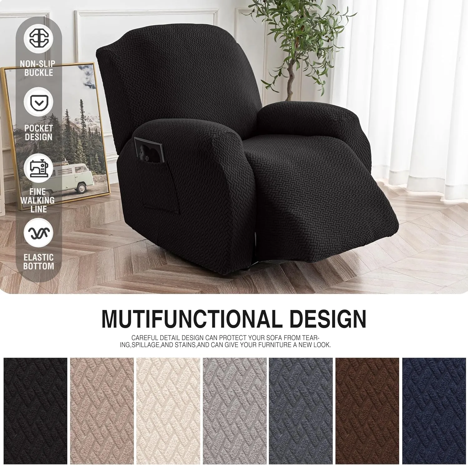 Genina Recliner Chair Cover, Stretch Reclining Chair Covers, Recliner Sofa Slipcovers Stripe Jacquard Lazy Couch Covers Furniture Protector Covers for Pet Kid (Black, 1 Seat)