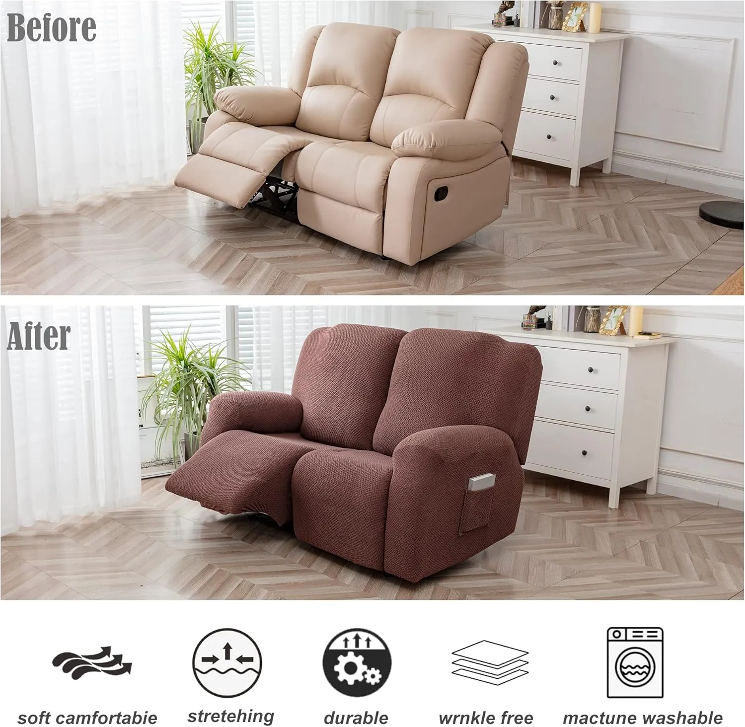 Genina Recliner Loveseat Cover Stretch Couch Covers Sofa slipcover for 2 Seat Reclining Couch Thick Jacquard Furniture Protector (Chocolate)