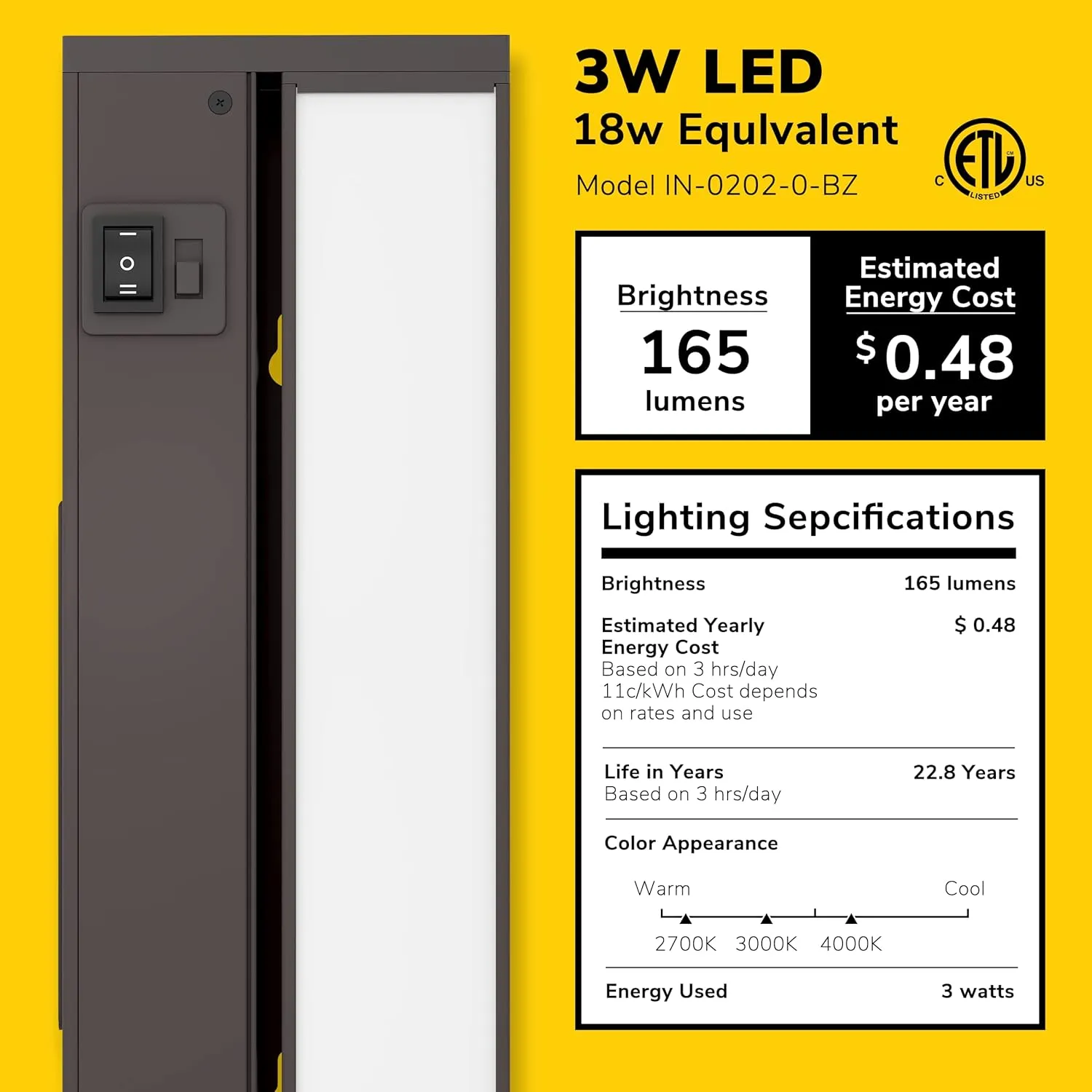 GETINLIGHT 9-inch Swivel LED Under Cabinet Lights, Glass Lens, Selectable White 2700K/4000K/5000K, Dimmable with Wall Dimmers, Bronze Finish, IN-0202-0-BZ
