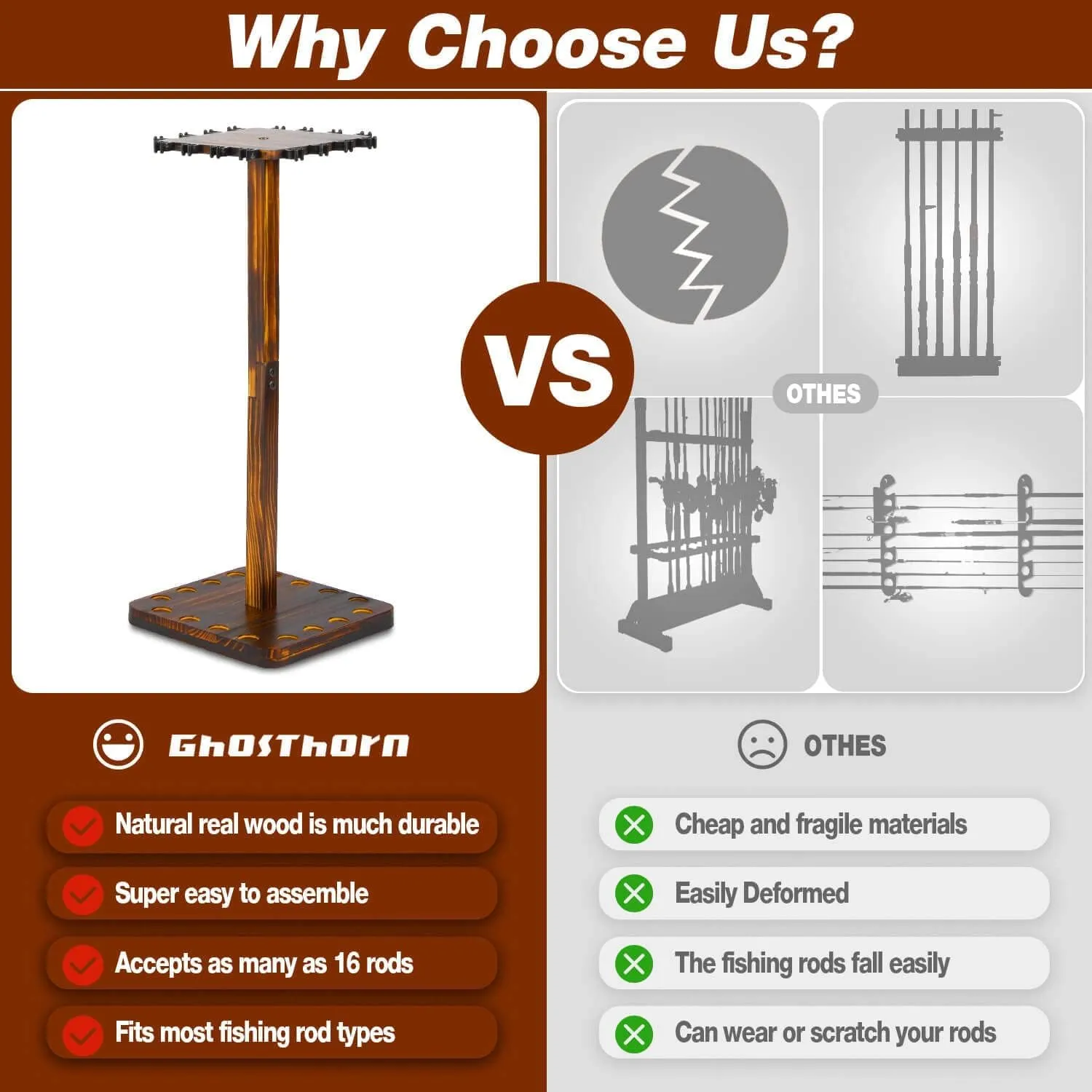 Ghosthorn Fishing Rod Holders for Garage 360 Degree Rotating Fishing Pole Rack, Floor Stand Holds up to 16 Rods Wood Fishing Gear Equipment Storage Organizer, Fishing Gifts for Men