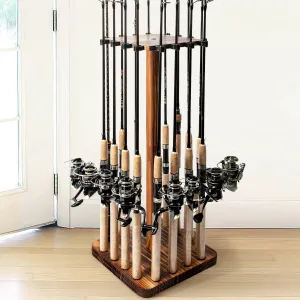 Ghosthorn Fishing Rod Holders for Garage 360 Degree Rotating Fishing Pole Rack, Floor Stand Holds up to 16 Rods Wood Fishing Gear Equipment Storage Organizer, Fishing Gifts for Men