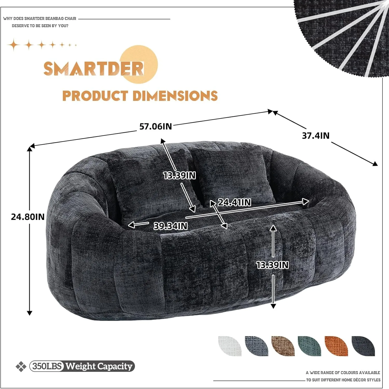 Giant Bean Bag Chair Couch with Foam Filler, Oversized Bean Bag Sofa for Adults,Teens, Comfy Floor Loveseat with 2 Pillows, Lazy Beanbag Lounger for Living Room, Game Room, Office, Chenille Black
