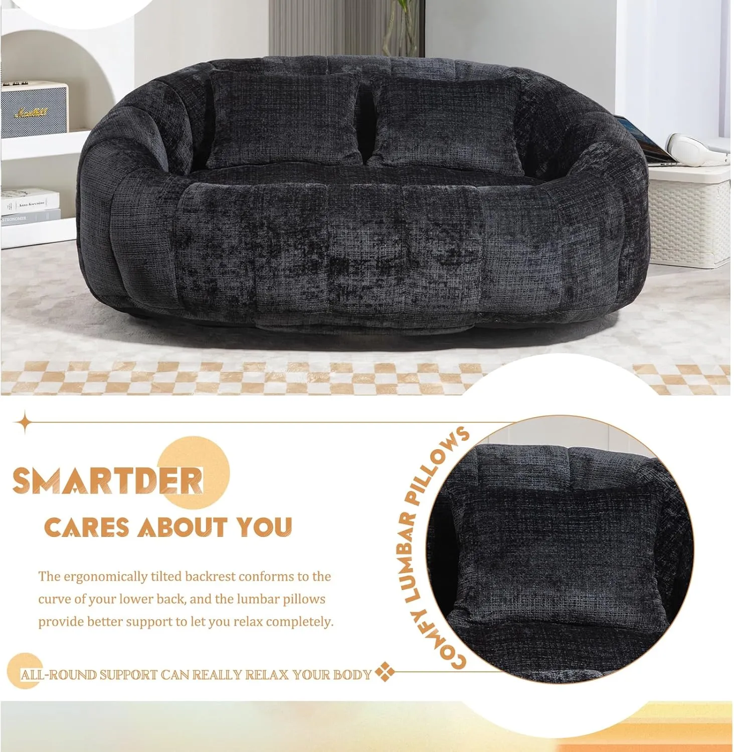 Giant Bean Bag Chair Couch with Foam Filler, Oversized Bean Bag Sofa for Adults,Teens, Comfy Floor Loveseat with 2 Pillows, Lazy Beanbag Lounger for Living Room, Game Room, Office, Chenille Black