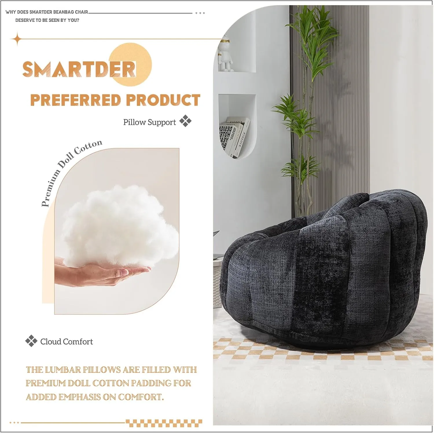Giant Bean Bag Chair Couch with Foam Filler, Oversized Bean Bag Sofa for Adults,Teens, Comfy Floor Loveseat with 2 Pillows, Lazy Beanbag Lounger for Living Room, Game Room, Office, Chenille Black