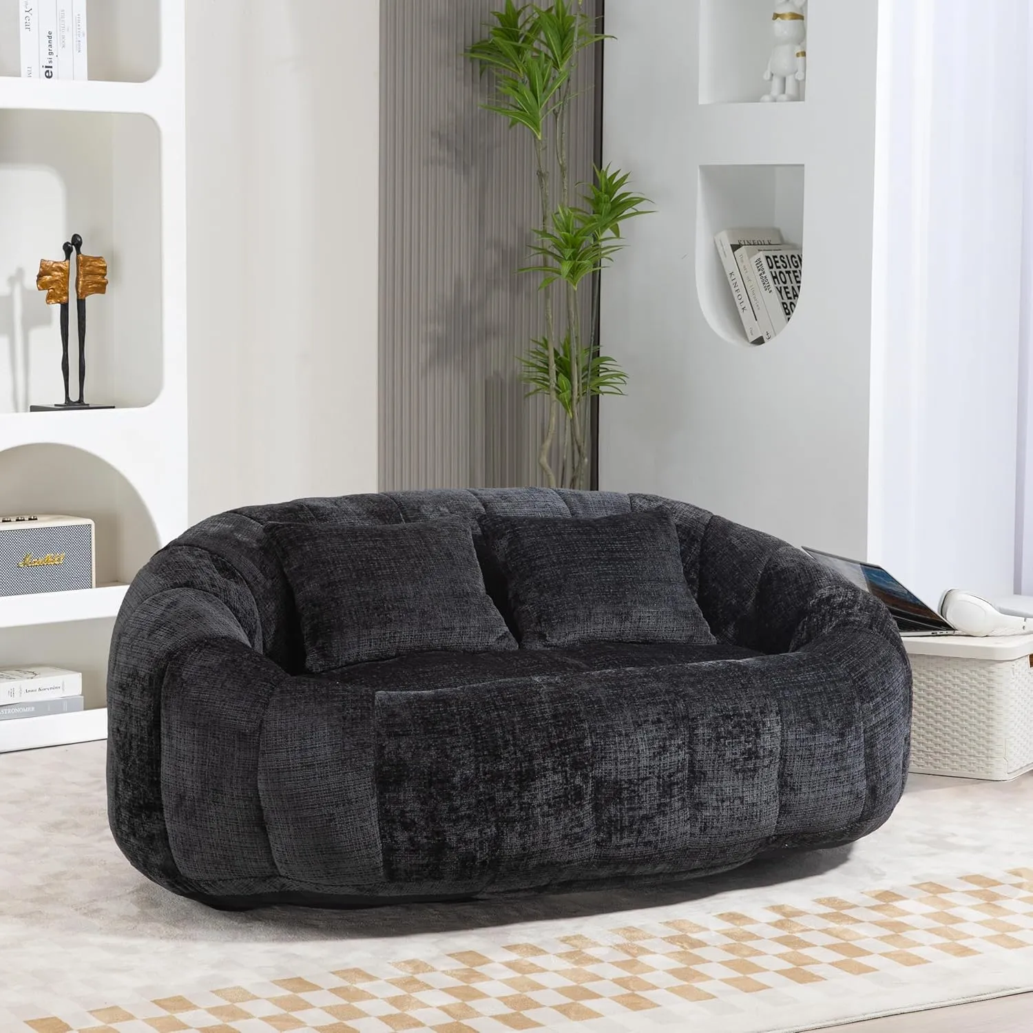 Giant Bean Bag Chair Couch with Foam Filler, Oversized Bean Bag Sofa for Adults,Teens, Comfy Floor Loveseat with 2 Pillows, Lazy Beanbag Lounger for Living Room, Game Room, Office, Chenille Black