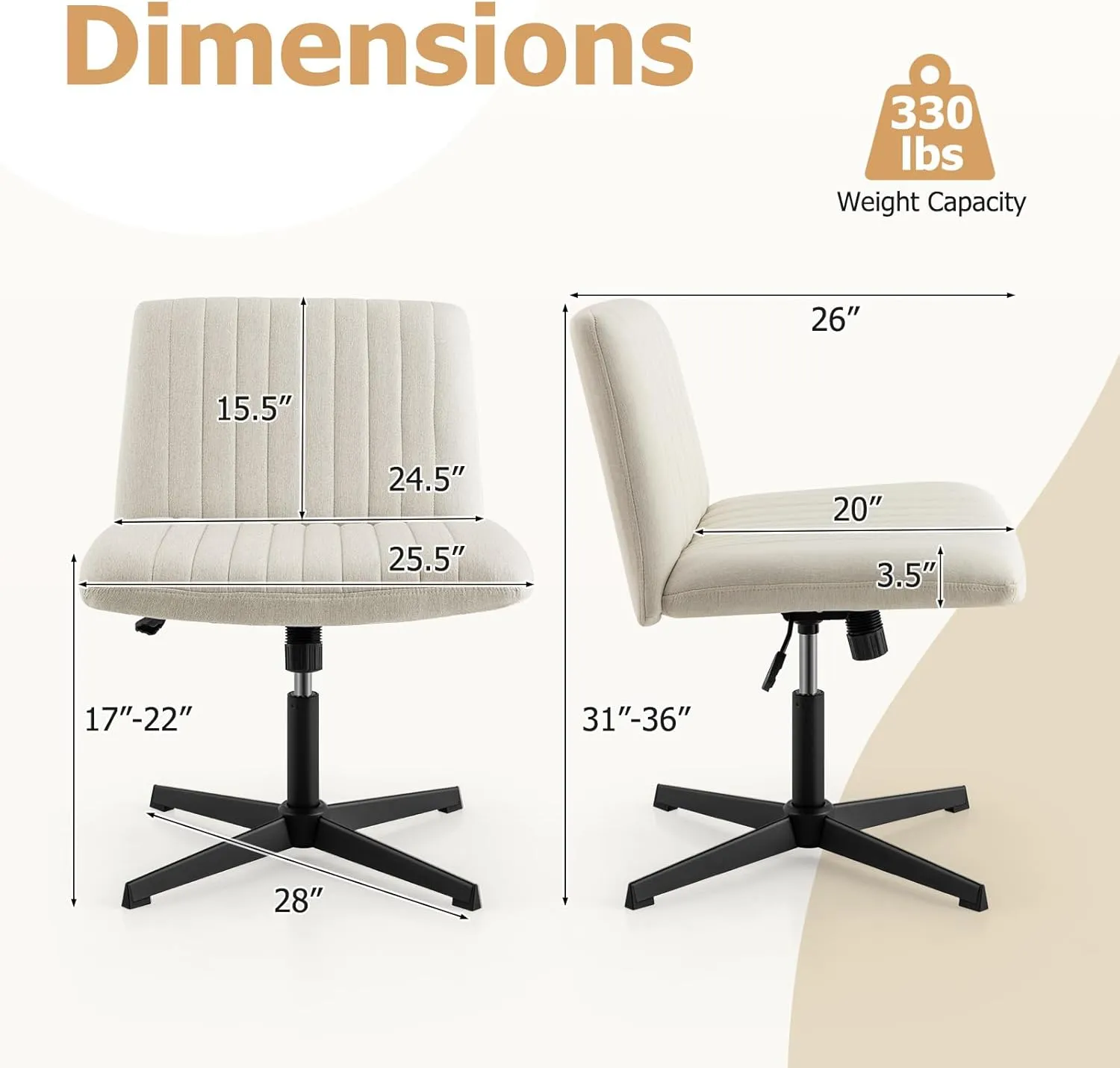 Giantex Criss Cross Chair, Fabric Cross Legged Office Desk Chairs No Wheels, Comfy Armless Makeup Vanity Chair, Adjustable Height, Mid Back Wide Seat Computer Swivel Task Chair for Home Office (Beige)