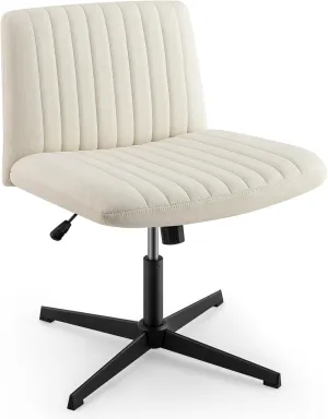 Giantex Criss Cross Chair, Fabric Cross Legged Office Desk Chairs No Wheels, Comfy Armless Makeup Vanity Chair, Adjustable Height, Mid Back Wide Seat Computer Swivel Task Chair for Home Office (Beige)