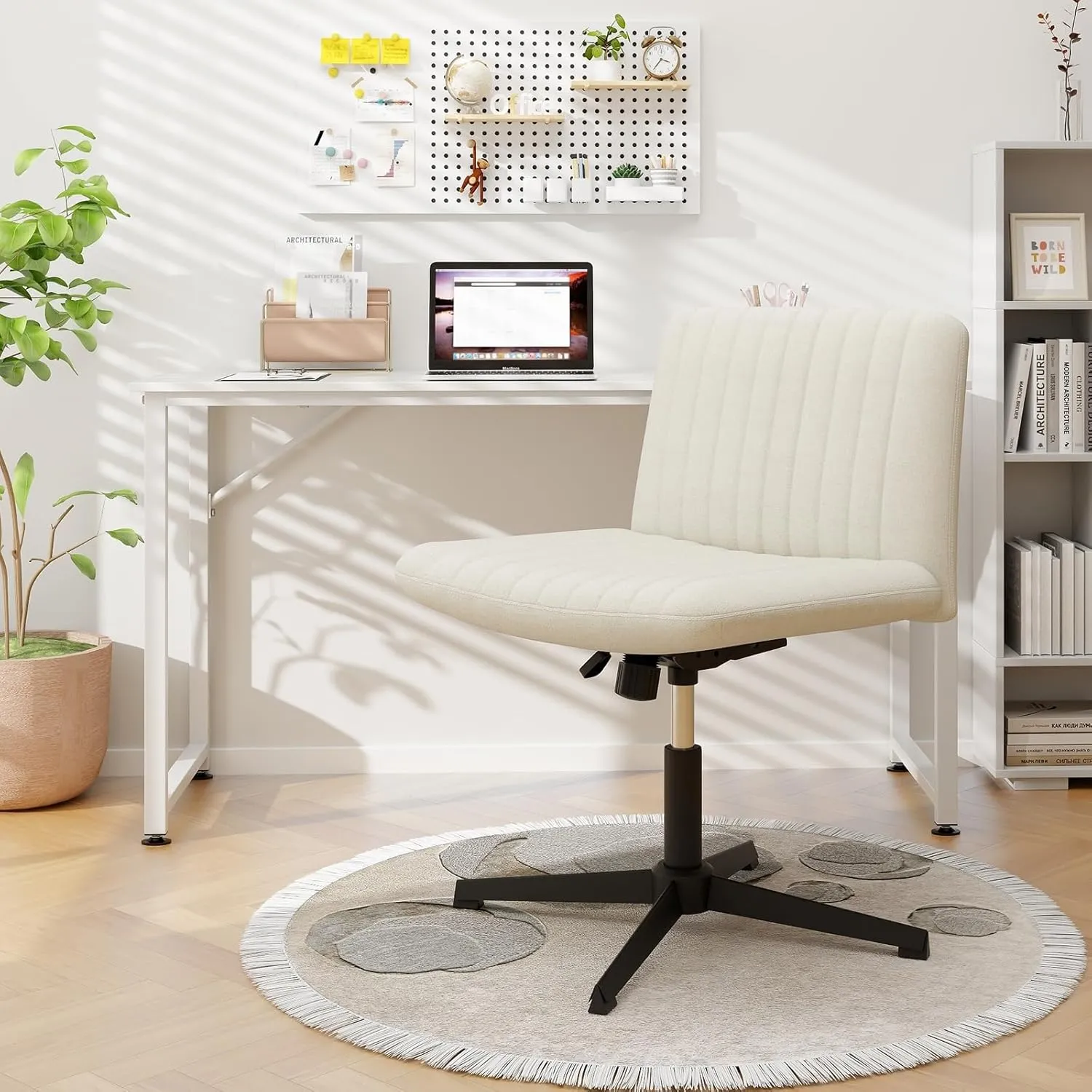 Giantex Criss Cross Chair, Fabric Cross Legged Office Desk Chairs No Wheels, Comfy Armless Makeup Vanity Chair, Adjustable Height, Mid Back Wide Seat Computer Swivel Task Chair for Home Office (Beige)