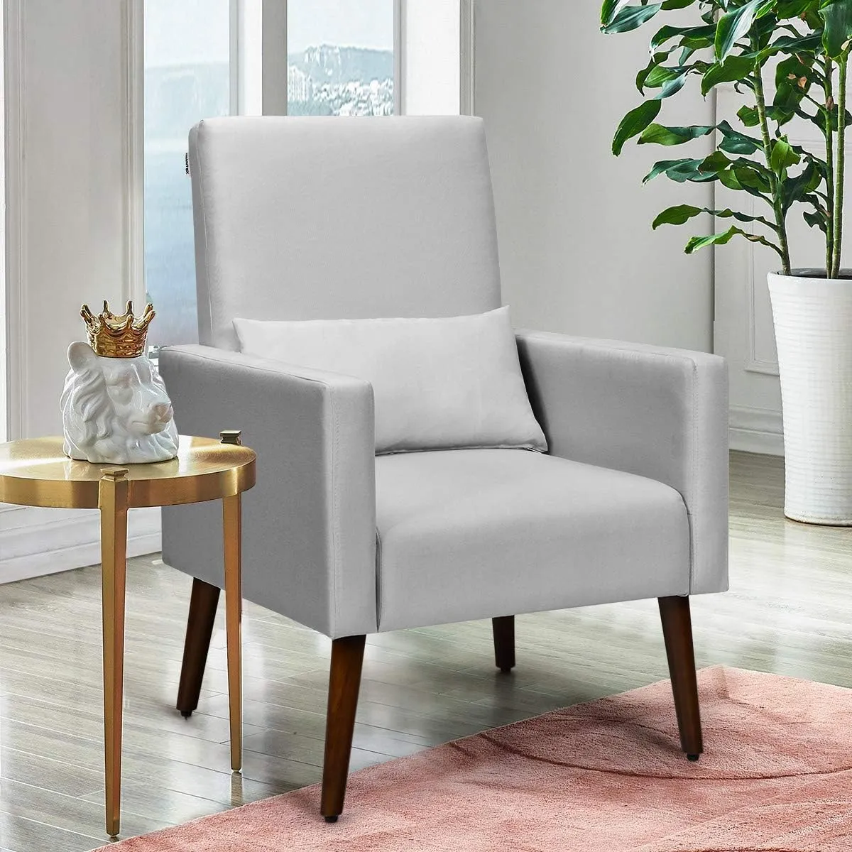 Giantex Upholstered Rocking Chair, Modern High Back Armchair, Comfortable Rocker with Fabric Padded Seat, Waist Pillow and Wood Base Accent Chair for Nursery, Living Room, Bedroom, Office, Sliver
