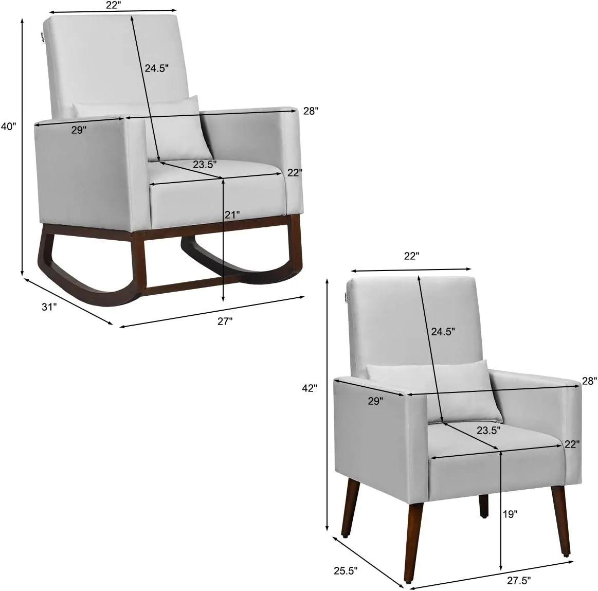 Giantex Upholstered Rocking Chair, Modern High Back Armchair, Comfortable Rocker with Fabric Padded Seat, Waist Pillow and Wood Base Accent Chair for Nursery, Living Room, Bedroom, Office, Sliver