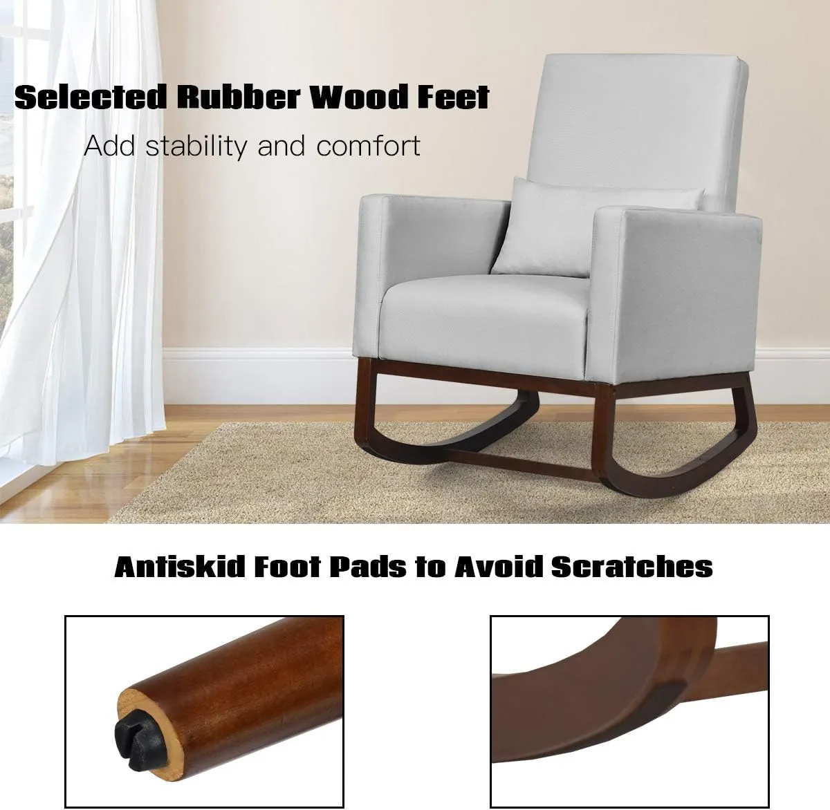 Giantex Upholstered Rocking Chair, Modern High Back Armchair, Comfortable Rocker with Fabric Padded Seat, Waist Pillow and Wood Base Accent Chair for Nursery, Living Room, Bedroom, Office, Sliver