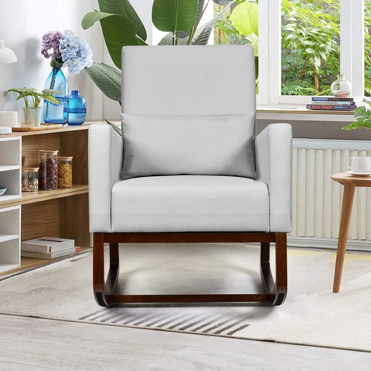 Giantex Upholstered Rocking Chair, Modern High Back Armchair, Comfortable Rocker with Fabric Padded Seat, Waist Pillow and Wood Base Accent Chair for Nursery, Living Room, Bedroom, Office, Sliver