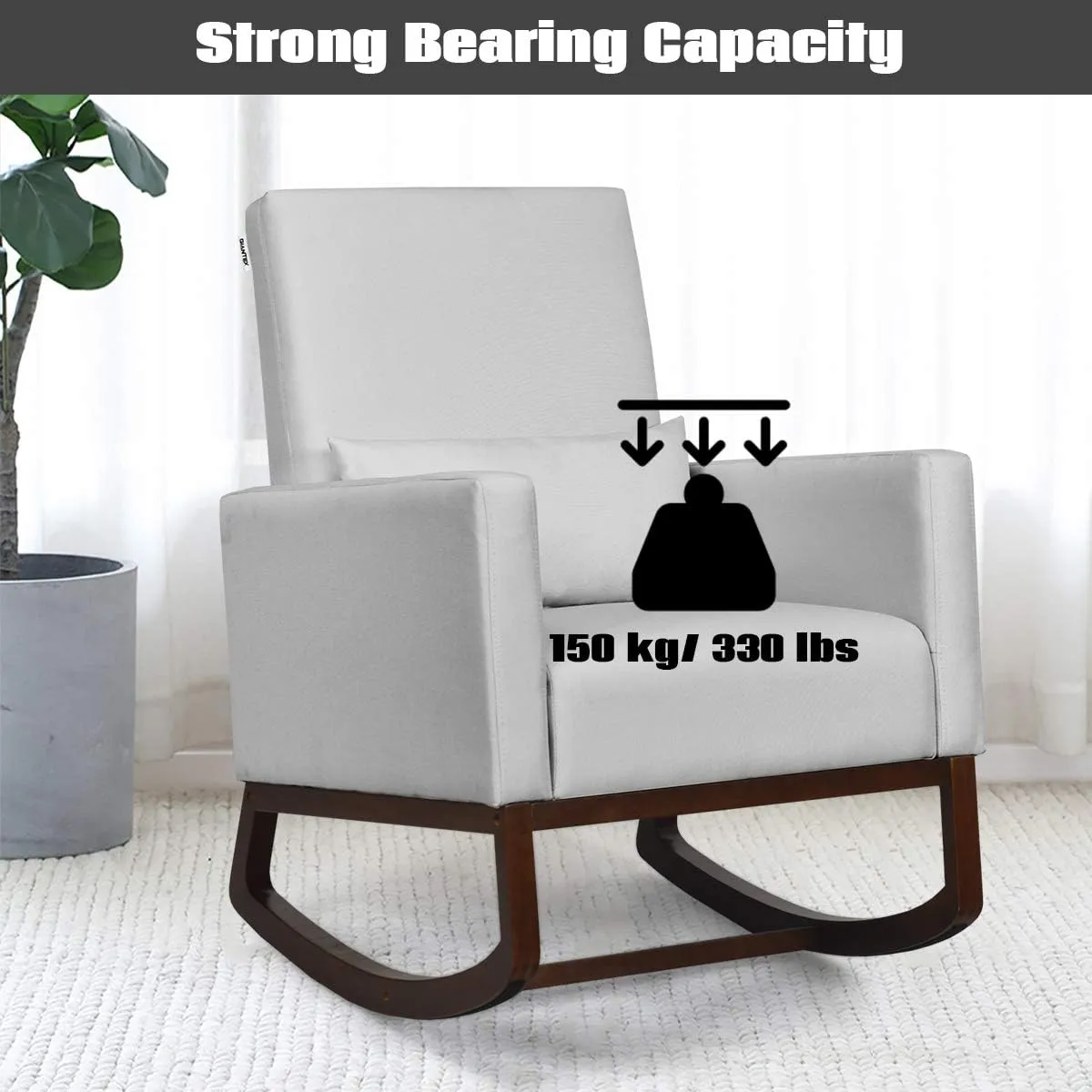 Giantex Upholstered Rocking Chair, Modern High Back Armchair, Comfortable Rocker with Fabric Padded Seat, Waist Pillow and Wood Base Accent Chair for Nursery, Living Room, Bedroom, Office, Sliver