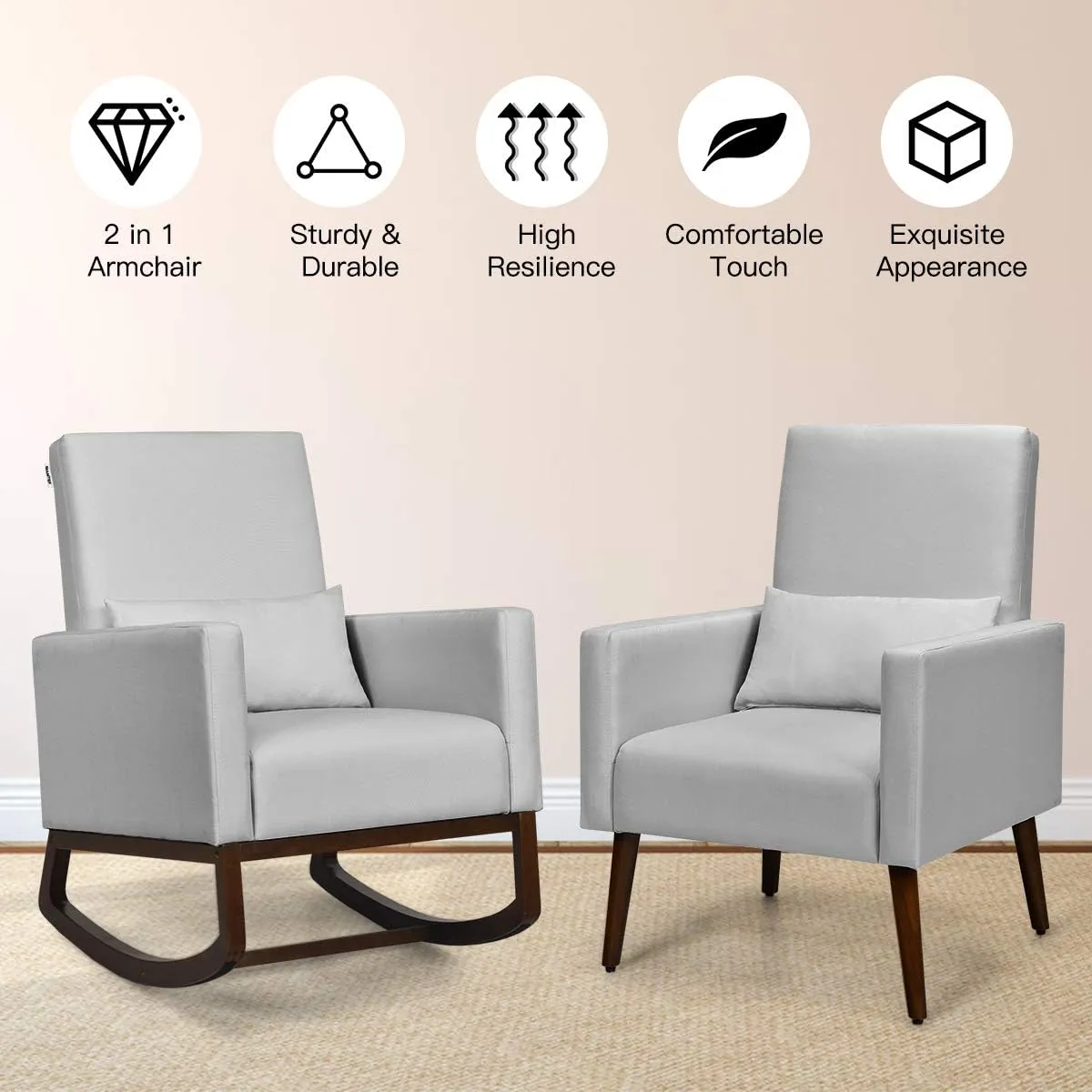 Giantex Upholstered Rocking Chair, Modern High Back Armchair, Comfortable Rocker with Fabric Padded Seat, Waist Pillow and Wood Base Accent Chair for Nursery, Living Room, Bedroom, Office, Sliver