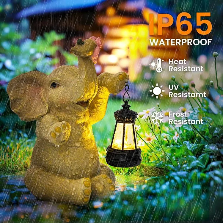 Gigalumi Solar Elephant Garden Statue with Lantern for Patio, Balcony(1 Pack)