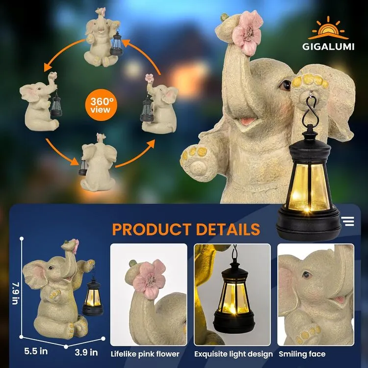 Gigalumi Solar Elephant Garden Statue with Lantern for Patio, Balcony(1 Pack)