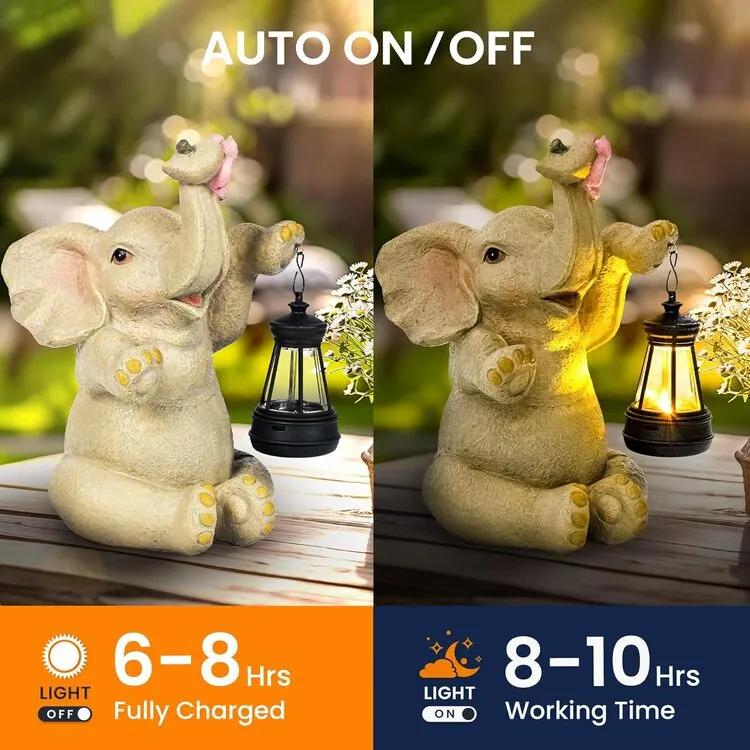 Gigalumi Solar Elephant Garden Statue with Lantern for Patio, Balcony(1 Pack)