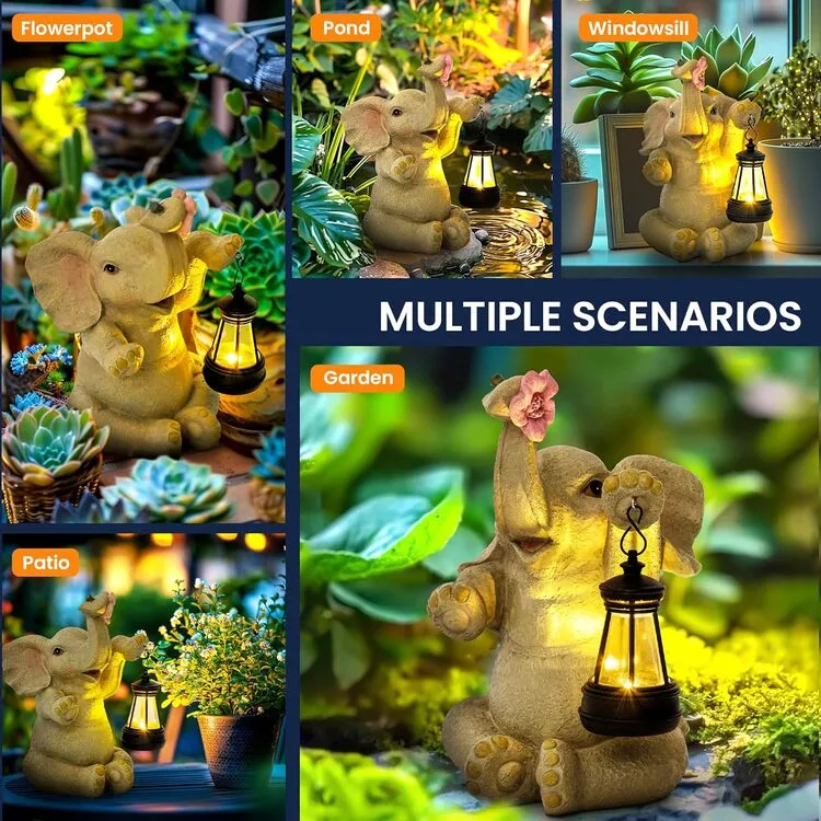Gigalumi Solar Elephant Garden Statue with Lantern for Patio, Balcony(1 Pack)