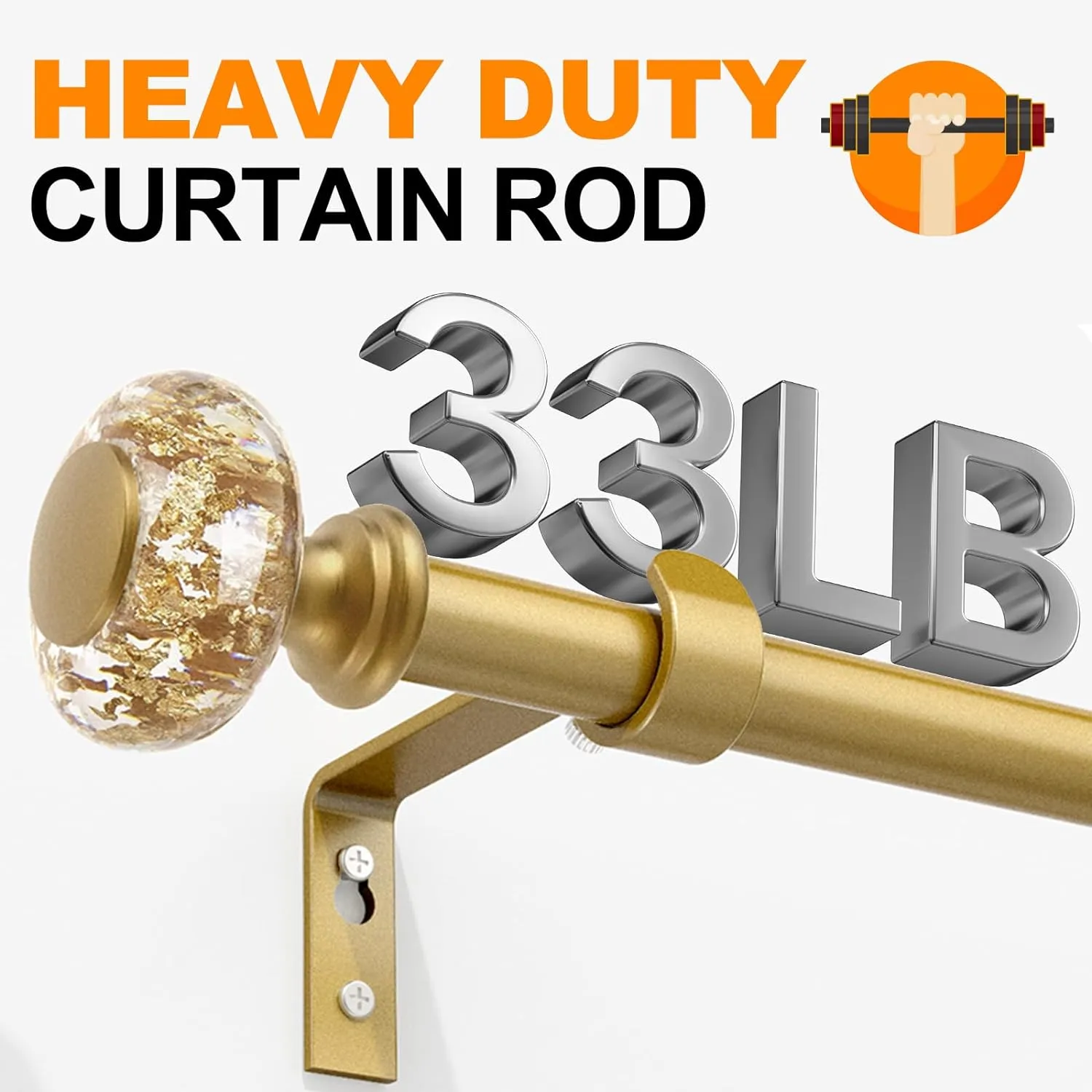 Gold Curtain Rods for Windows 32-72 Inch: 1 Inch Adjustable Acrylic Drapery Rod with Translucent Gold Foil Finials- Single Decorative Curtain Rod for Bedroom & Bathroom